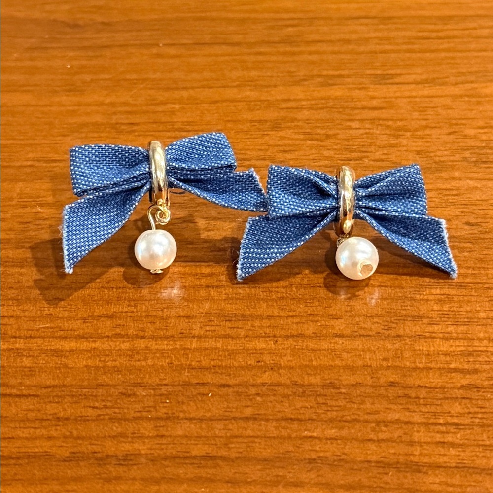 Francesca’s Denim Bow Earrings with Pearl Accent